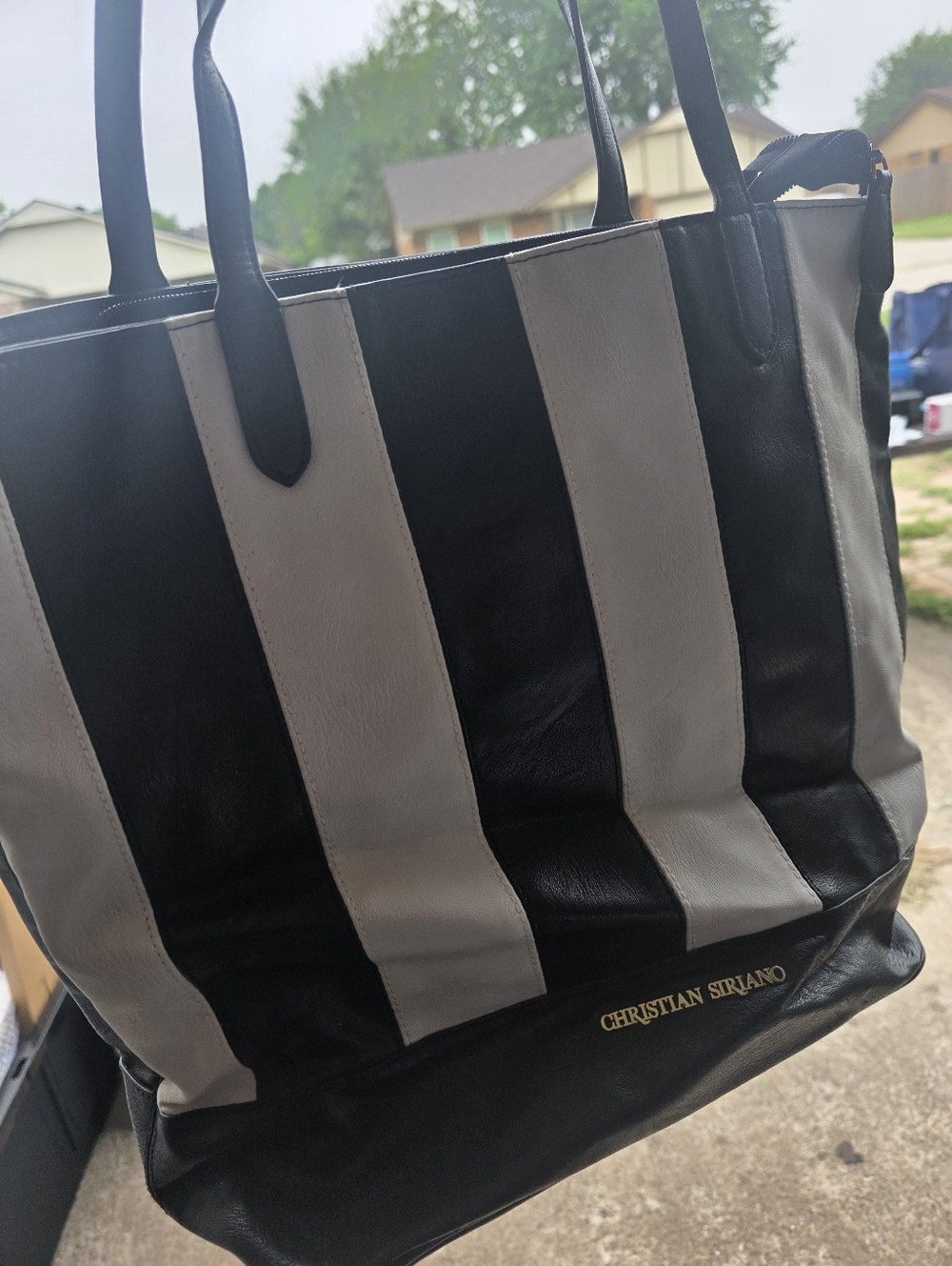 Christian Siriano Black and White Vertical Stripe Leather Tote
